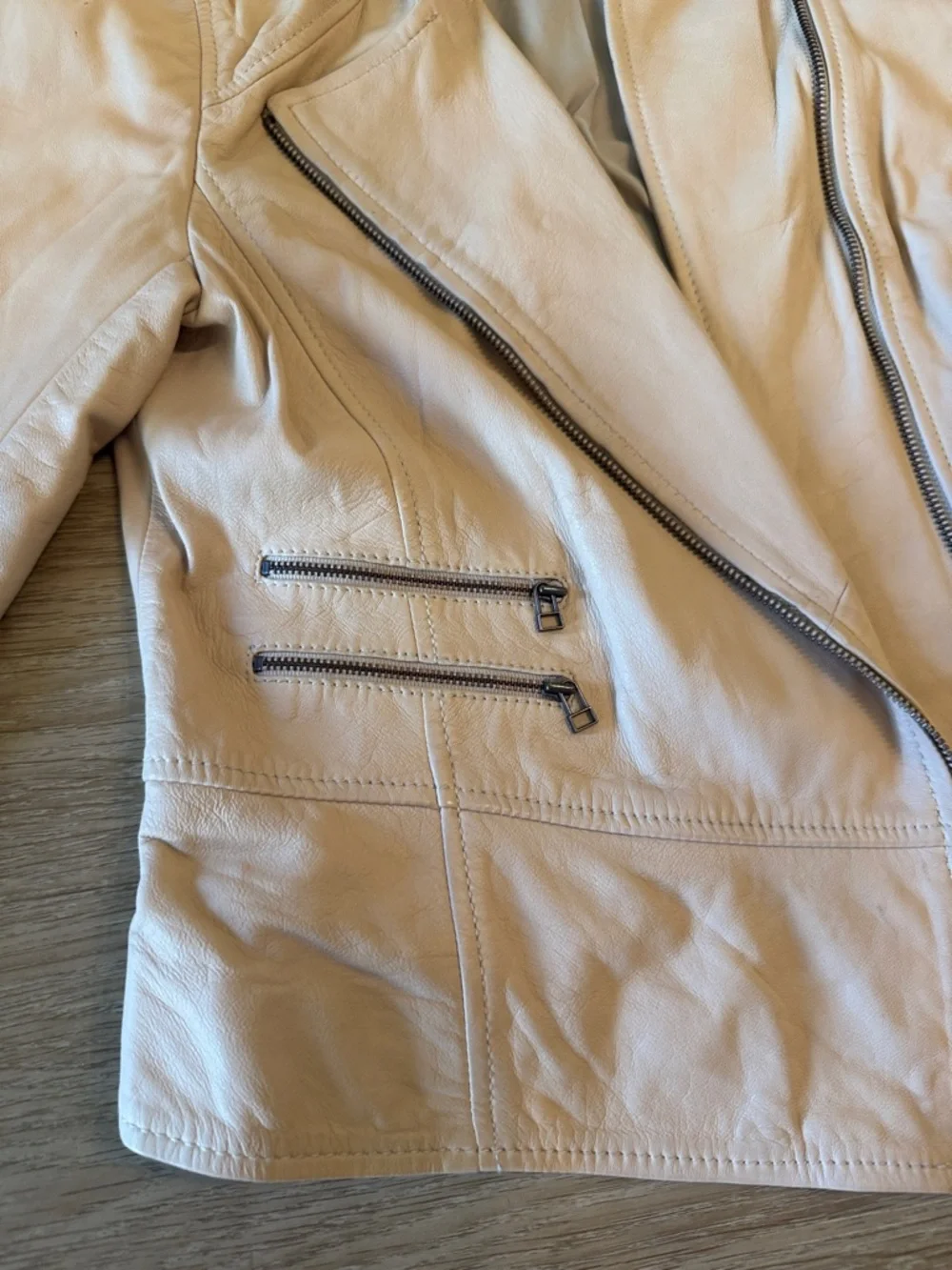Halogen Cream Leather Moto Jacket with Asymmetrical Zip - Picture 4 of 8